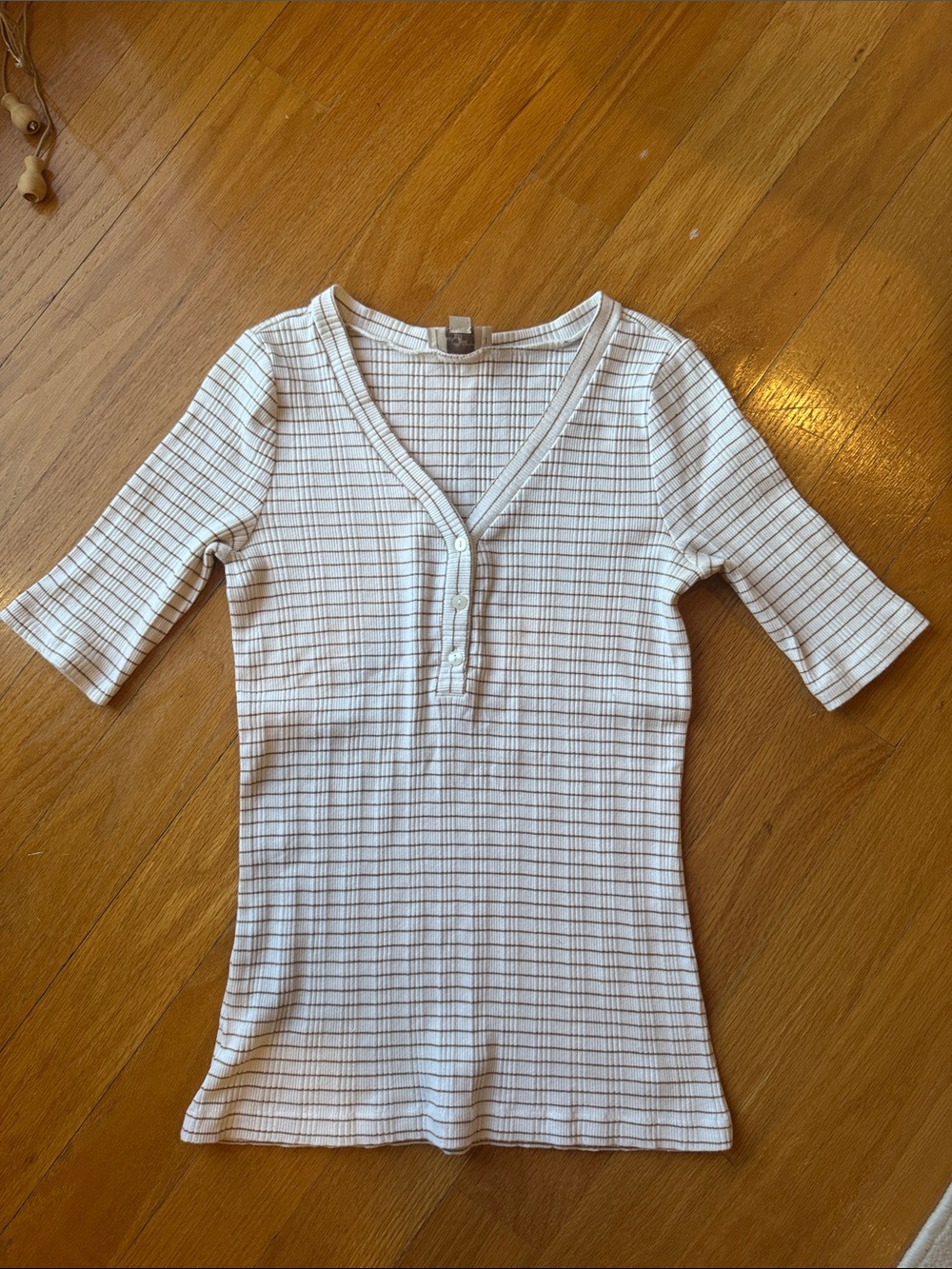 LOFT Cream Ribbed Henley Top with Brown Grid